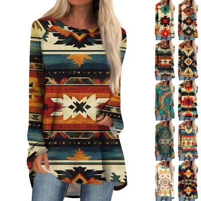 Damenmode Lässig Langarm Print Rundhals Pullover Top Bluse