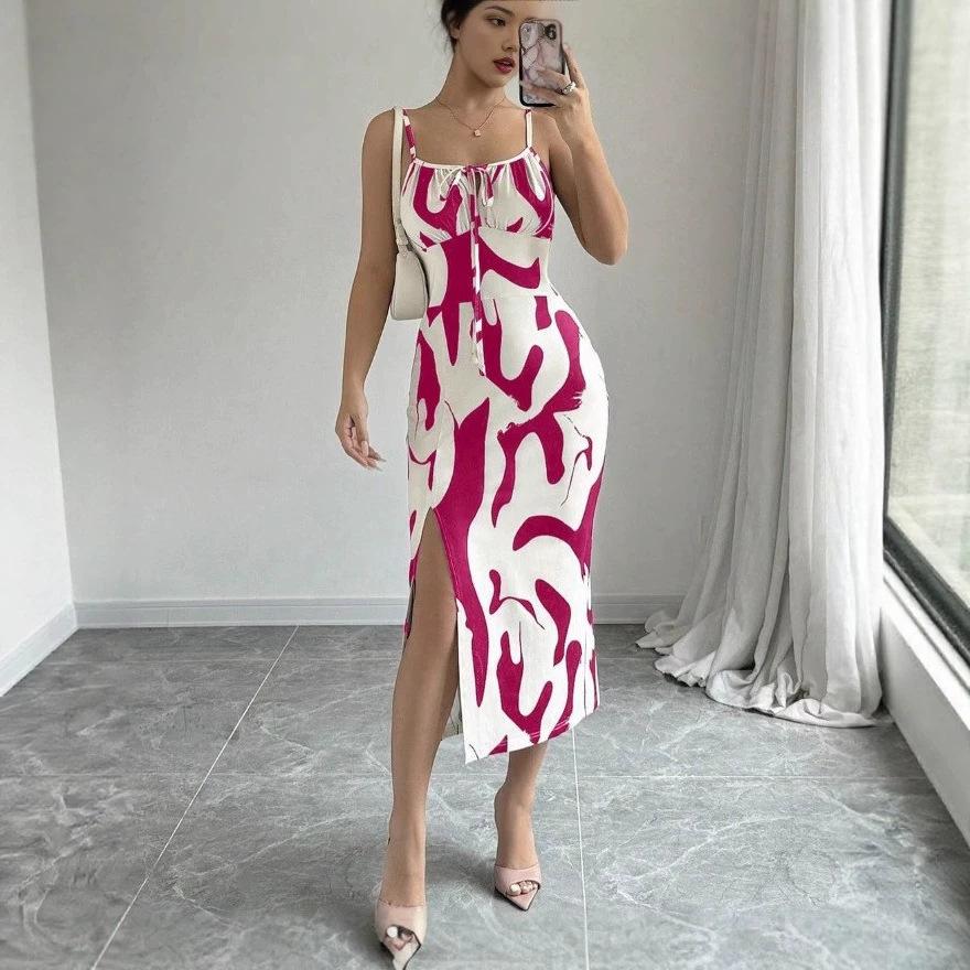 Women's Clothing European, American Spring and Summer New Fashion Printing Slim-fitting Suspender Split Dress Waist