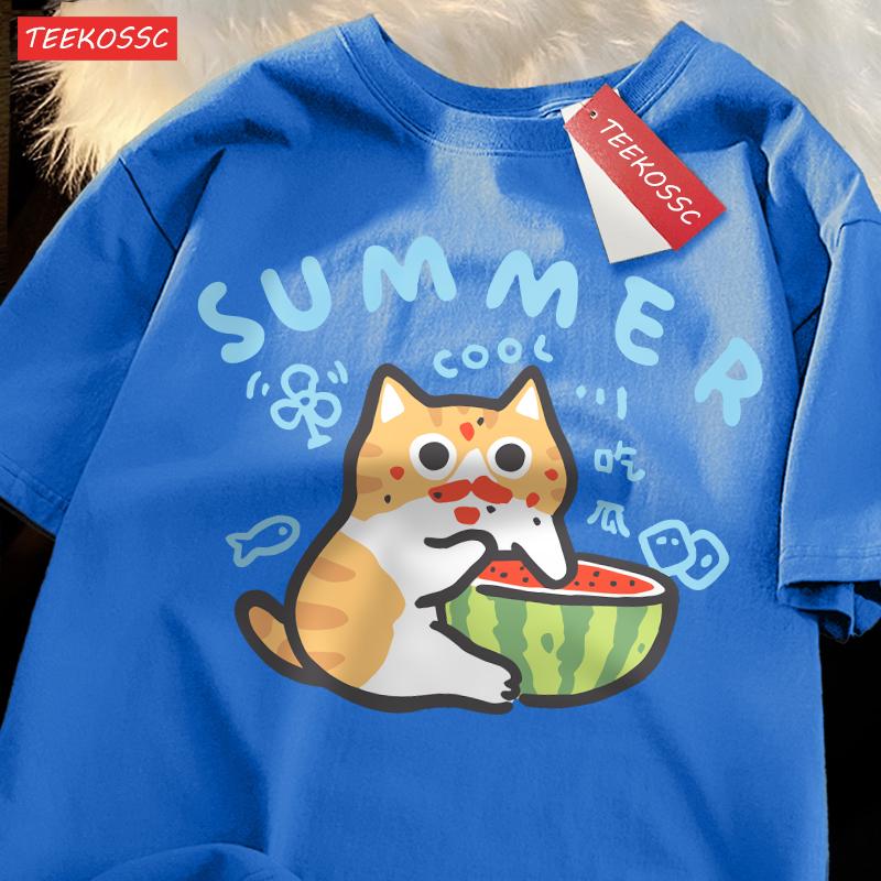 Eating Melons Oranges Cats Funny Catsprinted Mans T-Shirt Fitting Cool T Shirts Leisure Oversized Tee Shirt Pleasure Cotton Tops