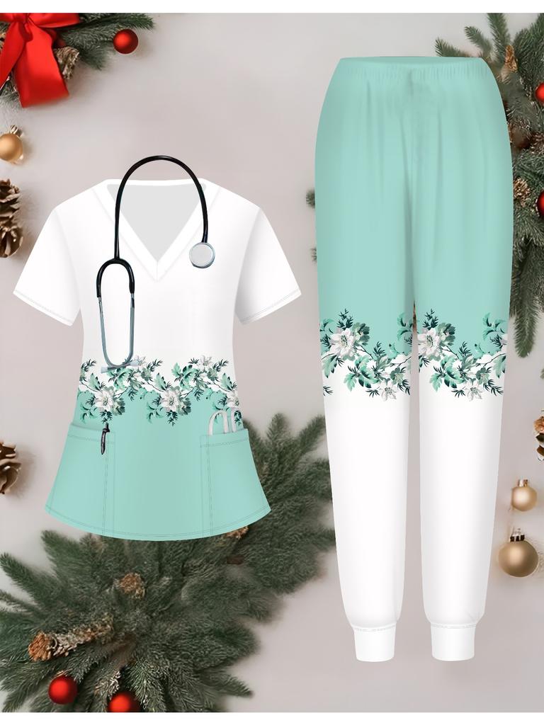 3D Flower Printed Women's Nurse Uniform Set Short Sleeve Long Pants with Pocket Casual Fashionable Christmas Gift