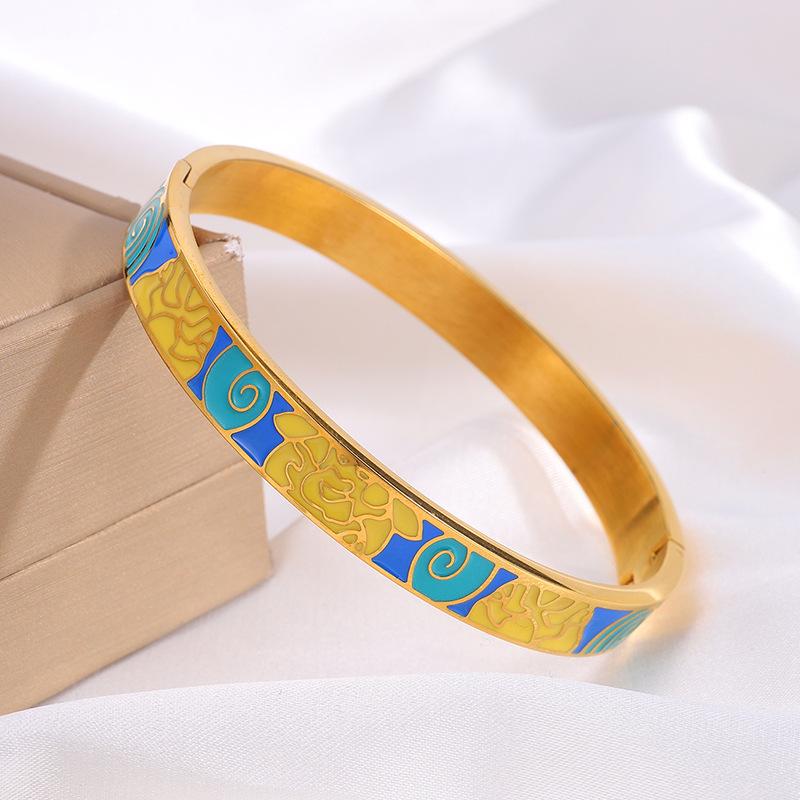 Titanium Steel Bracelet Open Pattern Enamel Oil Drop Light Luxury Bracelet for Women