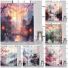 Japanese Style Shower Curtain Town Architecture Arch Bridge Pink Cherry Blossom Sunset Mountain Landscape Bathroom Curtain Decor