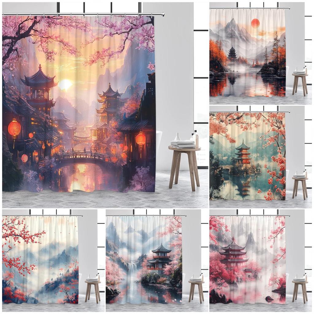 Japanese Style Shower Curtain Town Architecture Arch Bridge Pink Cherry Blossom Sunset Mountain Landscape Bathroom Curtain Decor