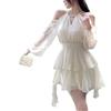 French apricot long-sleeved dress fairy summer fairy waist chiffon short skirt ruffle leaf edge cake a-word skirt