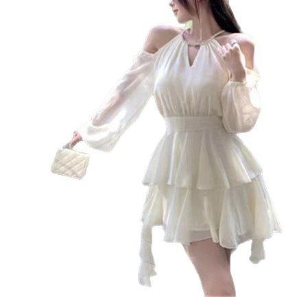 French apricot long-sleeved dress fairy summer fairy waist chiffon short skirt ruffle leaf edge cake a-word skirt