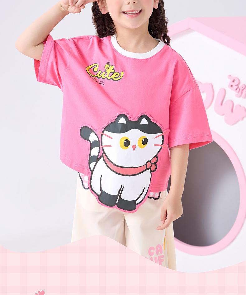 B. Duck Children's Clothing Girls' Summer New Short Sleeved Top Cute and Playful Cat T-shirt for Middle and Small Children