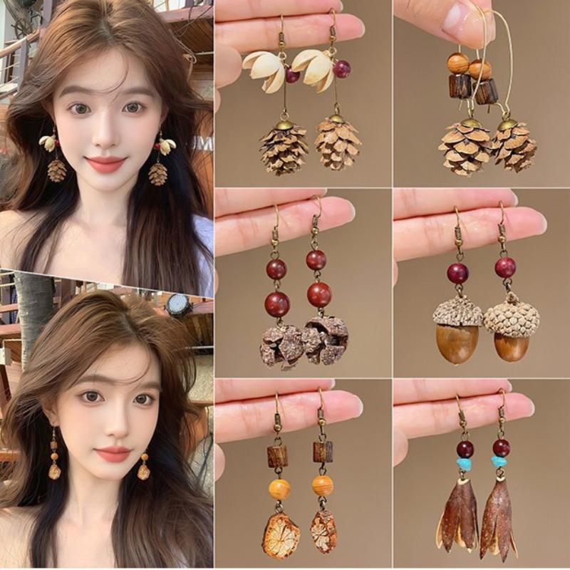 Retro Wooden Plant Earring For Women Creative Natural Plant Dried Fruits Drop Earrings Ethnic Jewelry Accessories