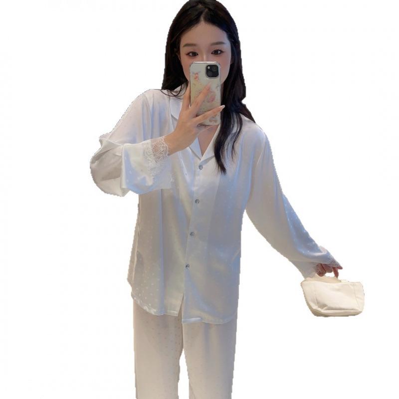 Women's Heart Print Ice Silk Pajamas - Long Sleeve, White Lace Trim, Fashionable for Spring & Autumn