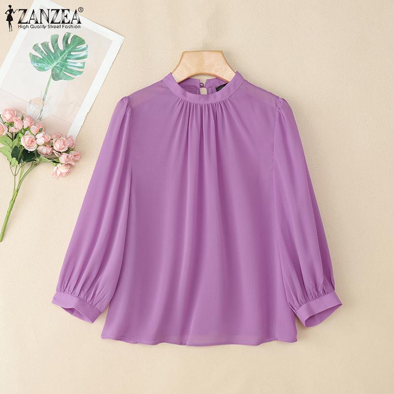 ZANZEA Dámská ležérní halenka s vysokým stojáčkem, volného střihu, jednobarevná, s 3/4 rukávem