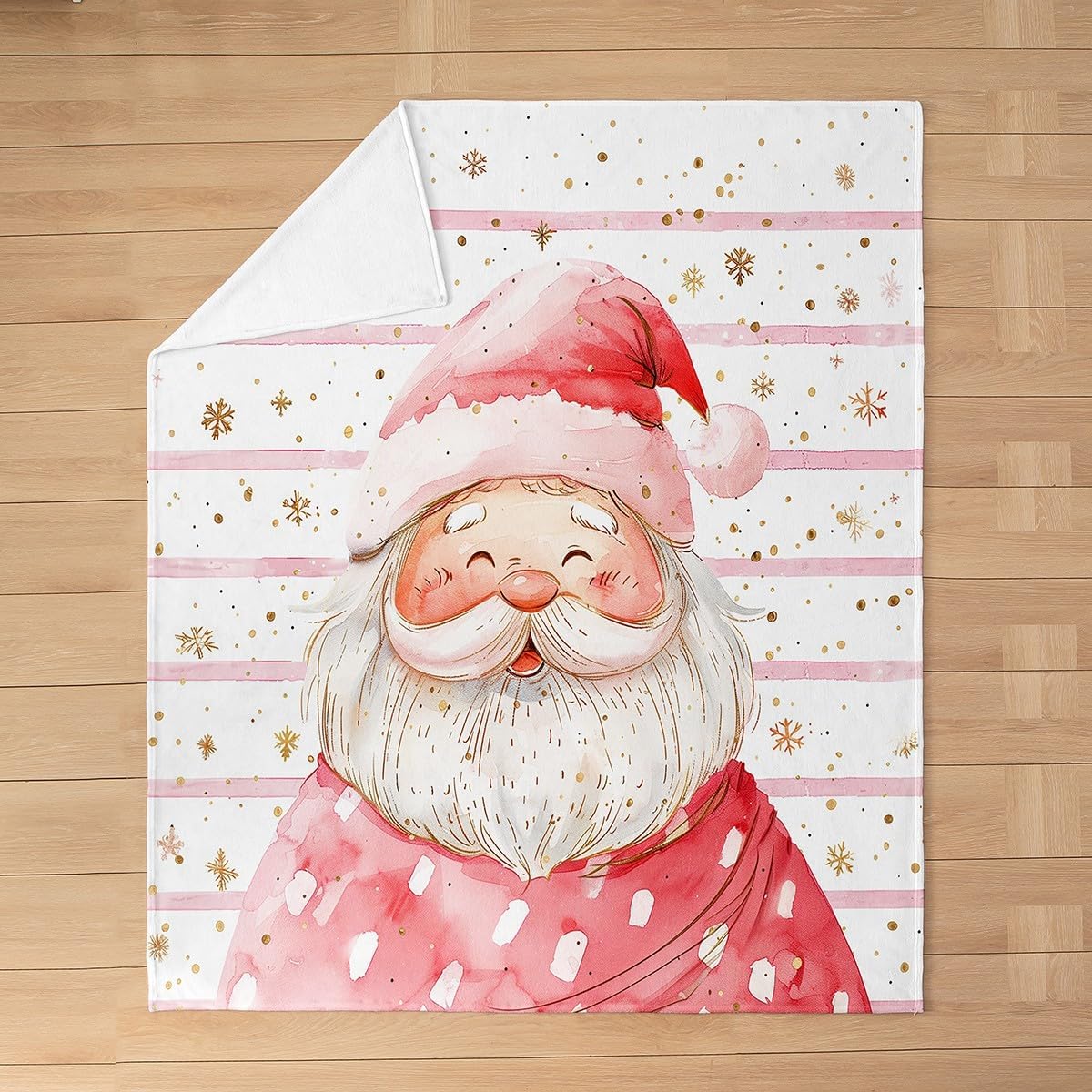 Santa Claus Print Kids Flannel Blanket Cartoon Christmas Watercolor Warm Fleece Blanket for Women Adults Golden Snowflakes Pink 75X95CM