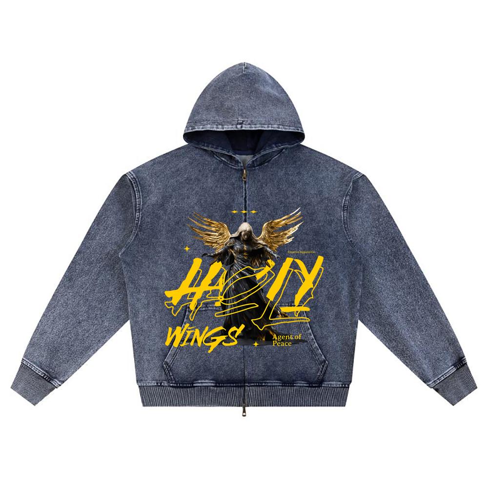 

DTG print Knitted Denim Zip-Up Hoodie Angel Streetwear Brother Print Zipper Hoodies XL темно-синього кольору
