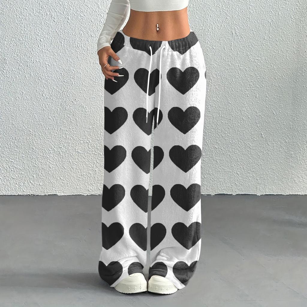 Women's Casual Fashion Printed Elastic Waist Loose Straight Leg Pants With Rope