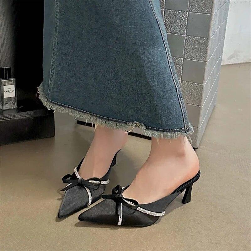 Eilyken Butterfly-knot Woman Slippers Pumps Design Style Low Heels Ladies Pointed Toe Shoes Mules Crystal Slides