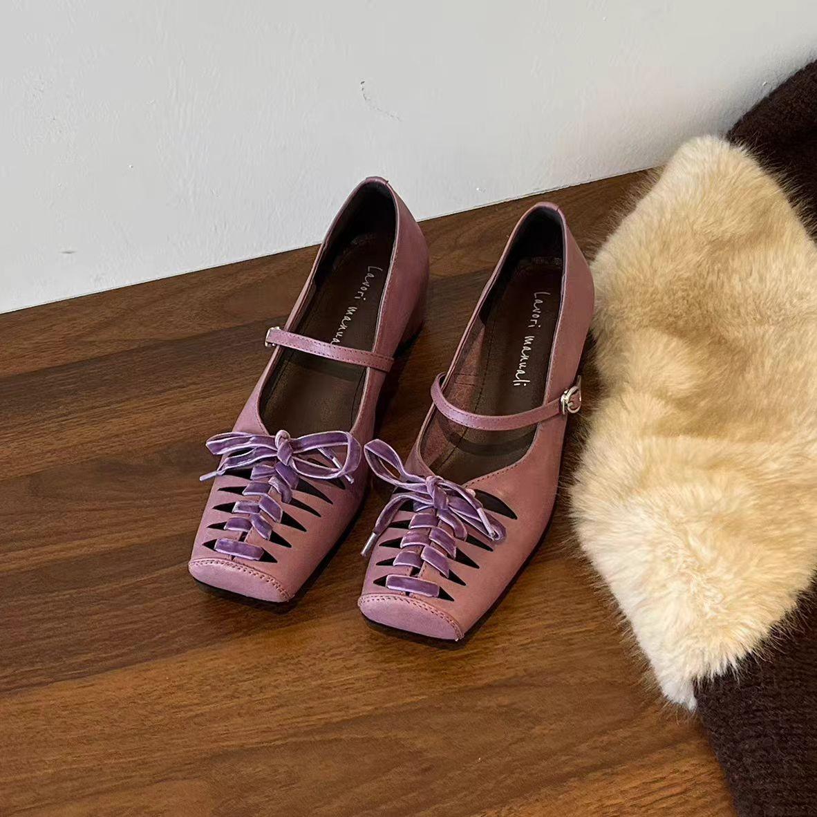 Fashion Shoes Cswo01 Women's French-Style Square-Toe Hollow Lace-Up Height-Increasing Mary Jane Shoes For With Single-Strap Shallow-Cut Flats Cm