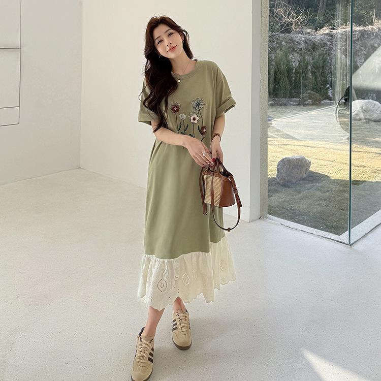 Women Summer Midi Dress O Neck Short Sleeve Patchwork Plus Size Long Dress Loose Lace Ruffles Maxi Dress