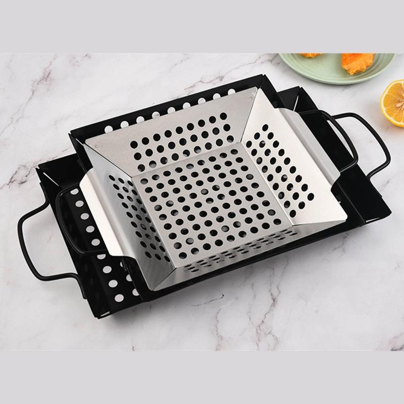 Gemüse-Grillkörbe Grillkörbe Kohlenstoffstahl Material BBQ-Platten Zubehör zum Grillen von Lebensmitteln Meeresfrüchten 3 Größen
