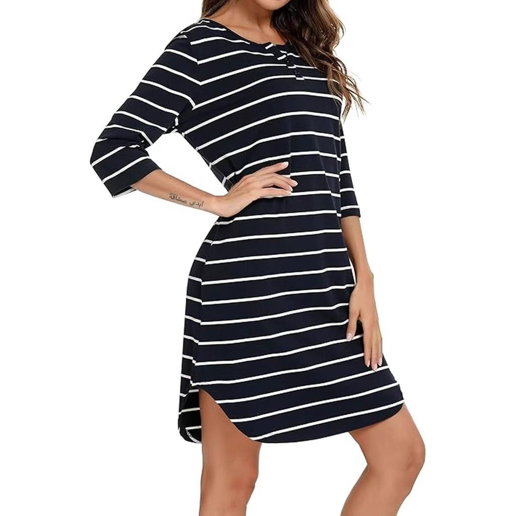 European and American spring new crew neck striped five-quarter sleeve casual versatile dress