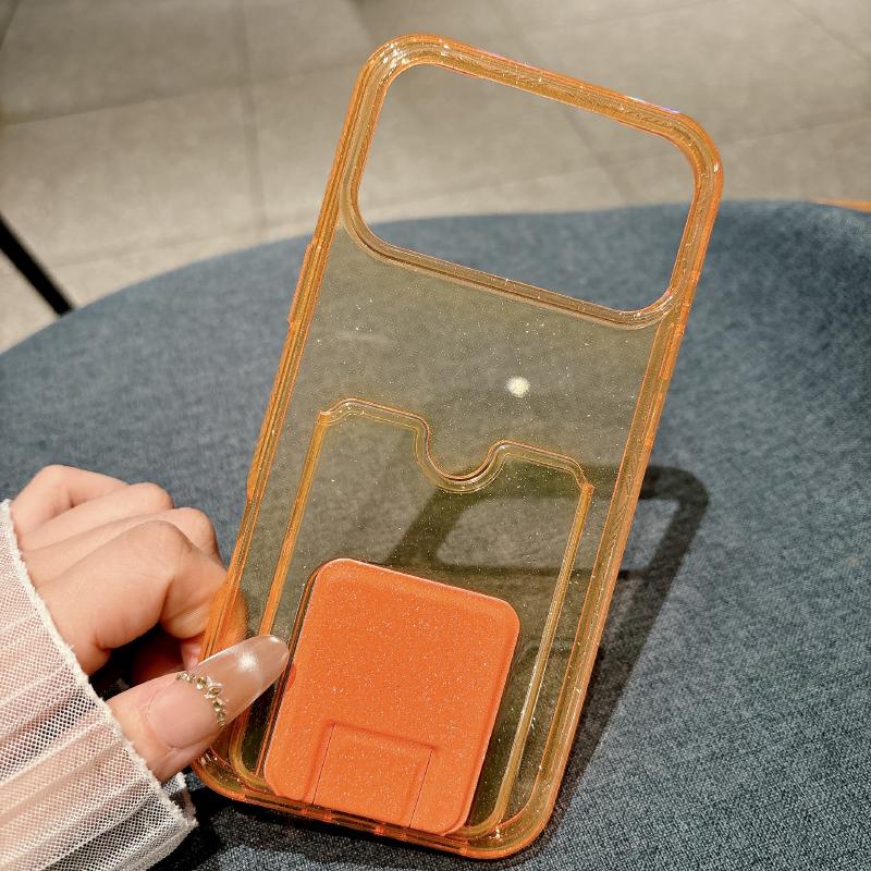 New Translucent Glitter Hard PC Card Holder Bracket Shockproof Phone Case For iPhone 17 Pro Max 15 13 13 16 Pro Max Back Cover