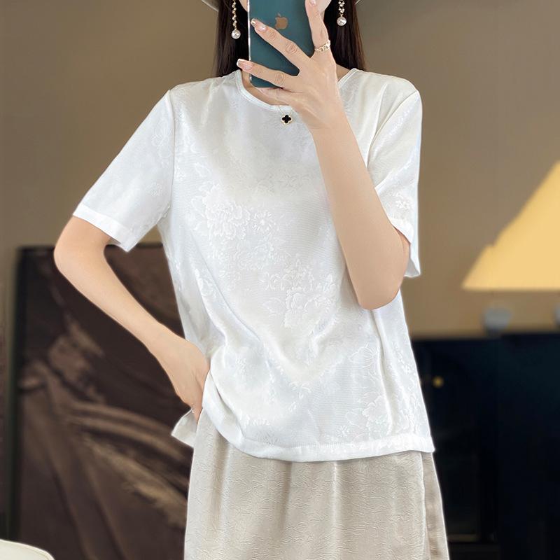 Summer Women's Silk T-shirt Round Neck Short Temperament Large Size Short-sleeved T-shirt Tops