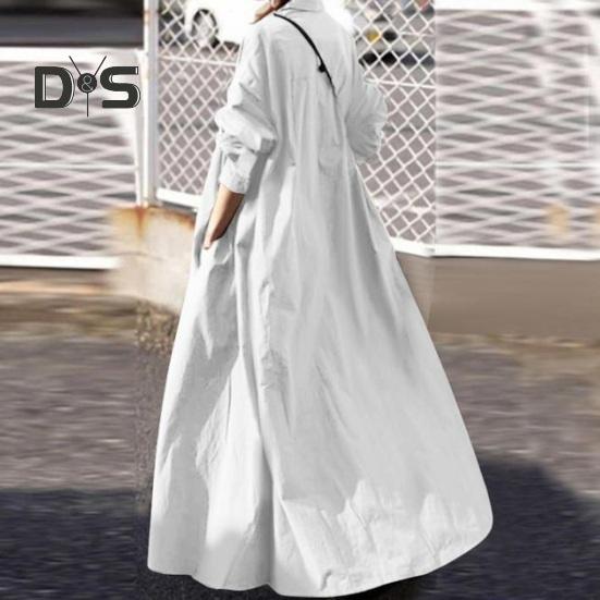 Ženy jaro podzim košile s dlouhým rukávem, výstřihem do V, jednořadé jednořadé, jednobarevné, volné letní šaty, ležérní, dlouhé šaty, streetwear