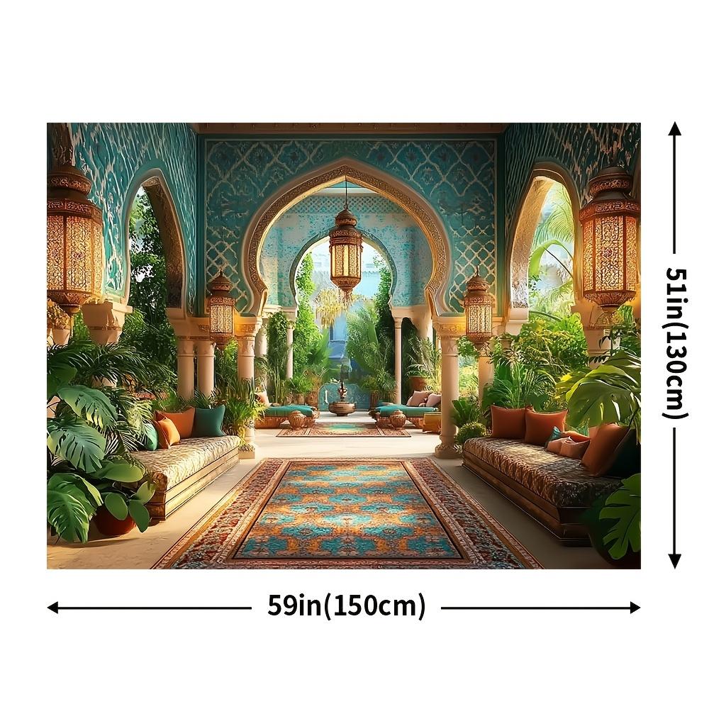 A delicate Moroccan-style nighttime celebration banner - depicting an Arab courtyard scene, lush green plants and decorations
