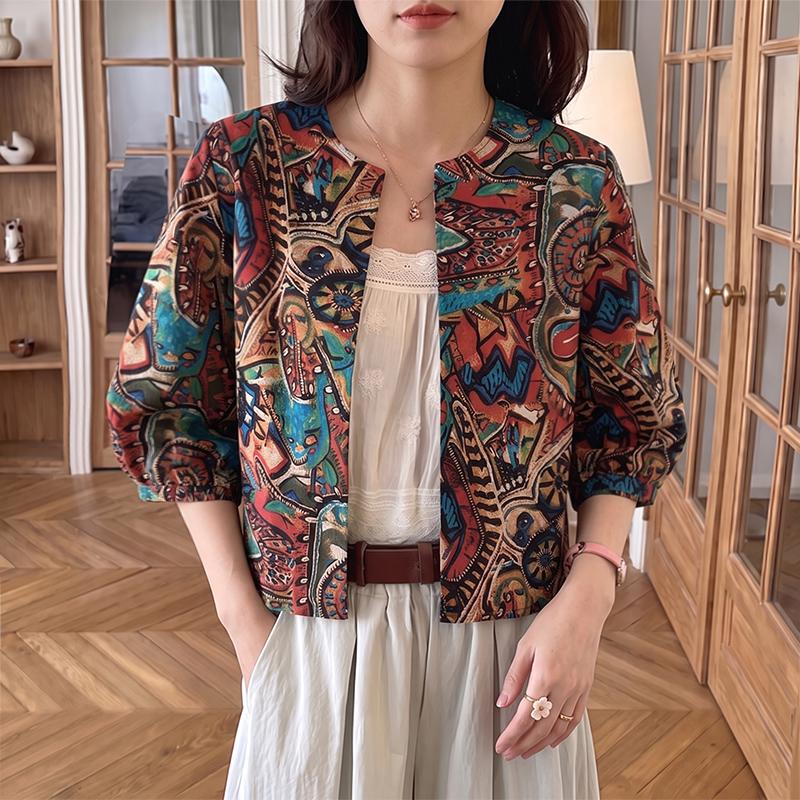 ZANZEA Vintage Women Casual Short Sleeve Open Front Thin Cardigan  Floral Print Cropped Tops Blous