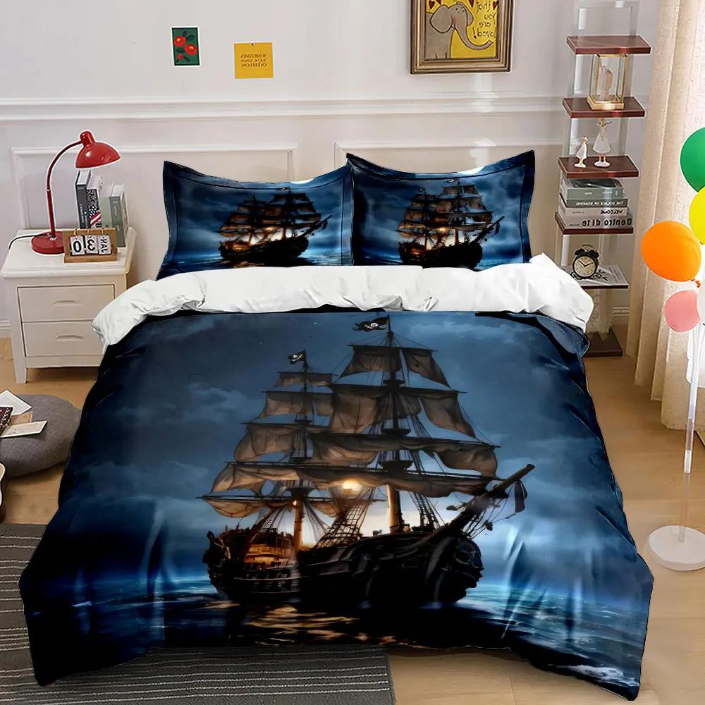 Pirate Ship Night Canvas Art Soft Comfortable Duvet Cover Bedding Set Included 1*Duvet Cover & 2*Pillowcases gift