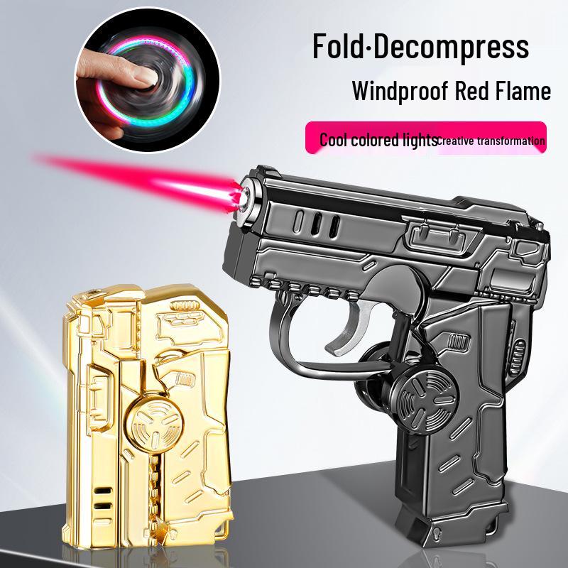 Qunhao Deformable Folding Windproof Lighter - Red Flame, Cool Colorful Lights, Pistol Gyro Design