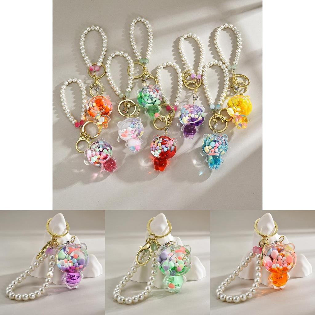 Acrylic Colorful Bead Bear Keyring With Pearl Chain For Children Gift And Celebration