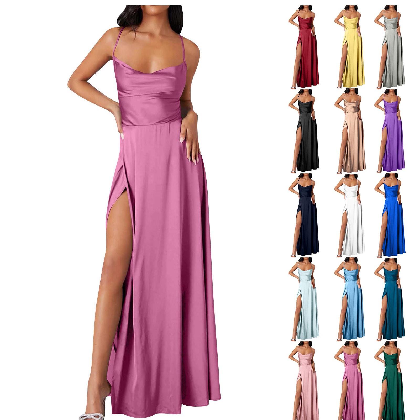 

Women Summer Backless Long Satin Dress Cowl Neck Cross Spaghetti Strap Party Long Dress L зелений