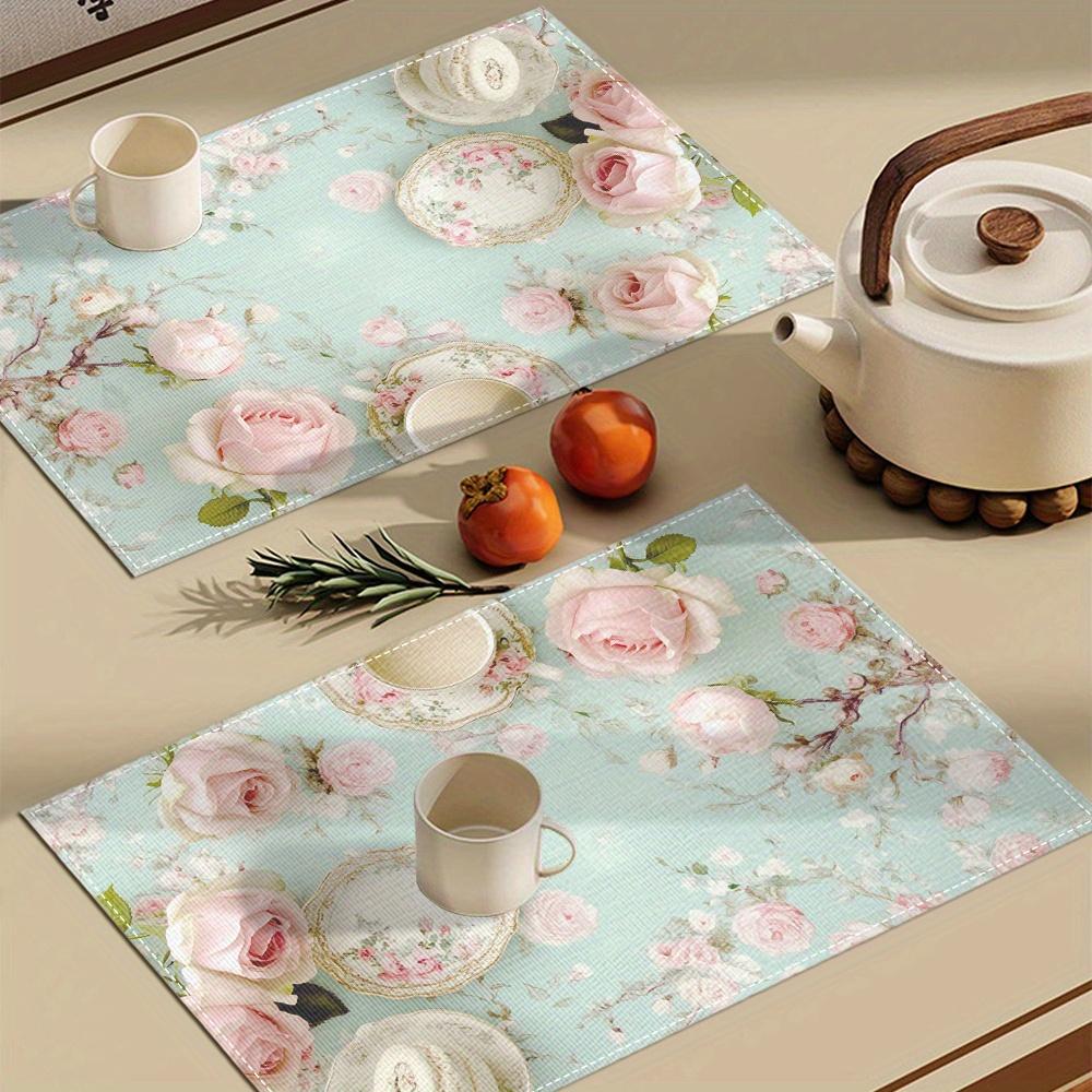 Set of 4 Pink Rose Tea Cup Placemats, Measuring 12X18 Inches, Suitable for Kitchen And Dining Room Decor, Home Decoration, Family Dinner Table