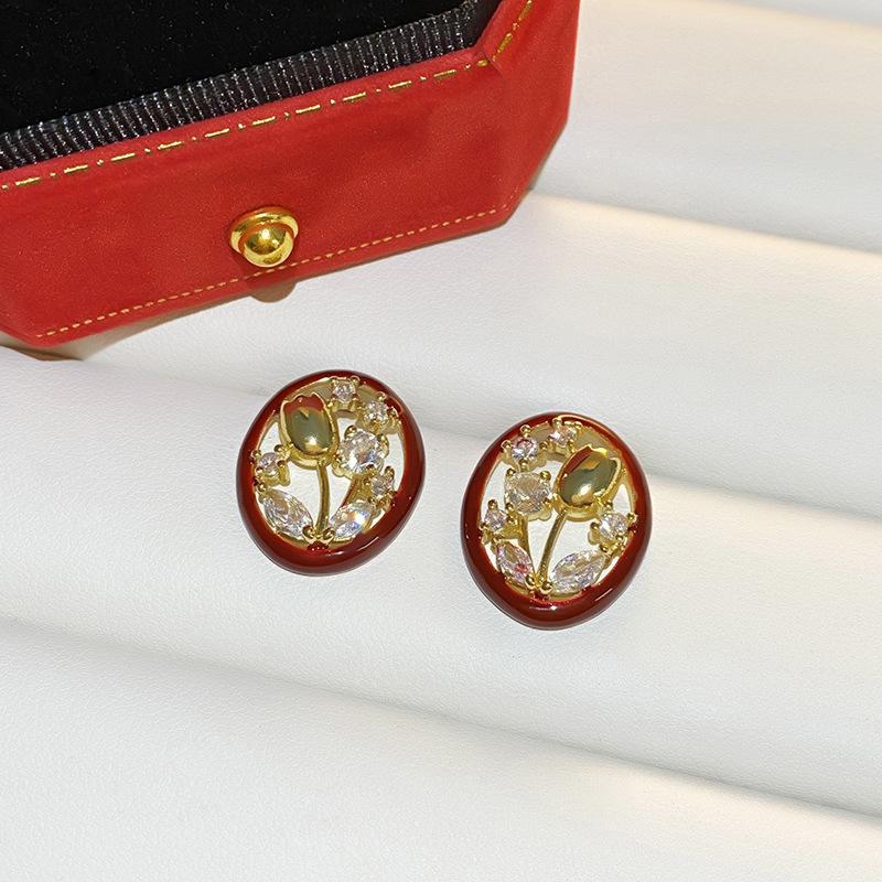 Drip glaze hollow tulip ear clips, autumn and winter without ear holes, burgundy mosquito coil disc earrings, women s zircon earrings, advanced sense
