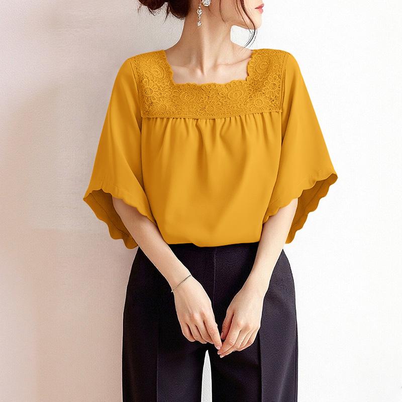 

ZANZEA Женская блузка с кружевной вставкой, квадратным вырезом, летняя, с полурукавом 5XL жёлтый