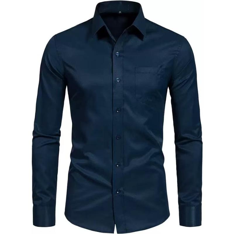 Men's Long Sleeve Shirt, 4-Way Stretch Solid Color Button-Up Shirt, Regular Fit Square Collar Minimalist Daily Top