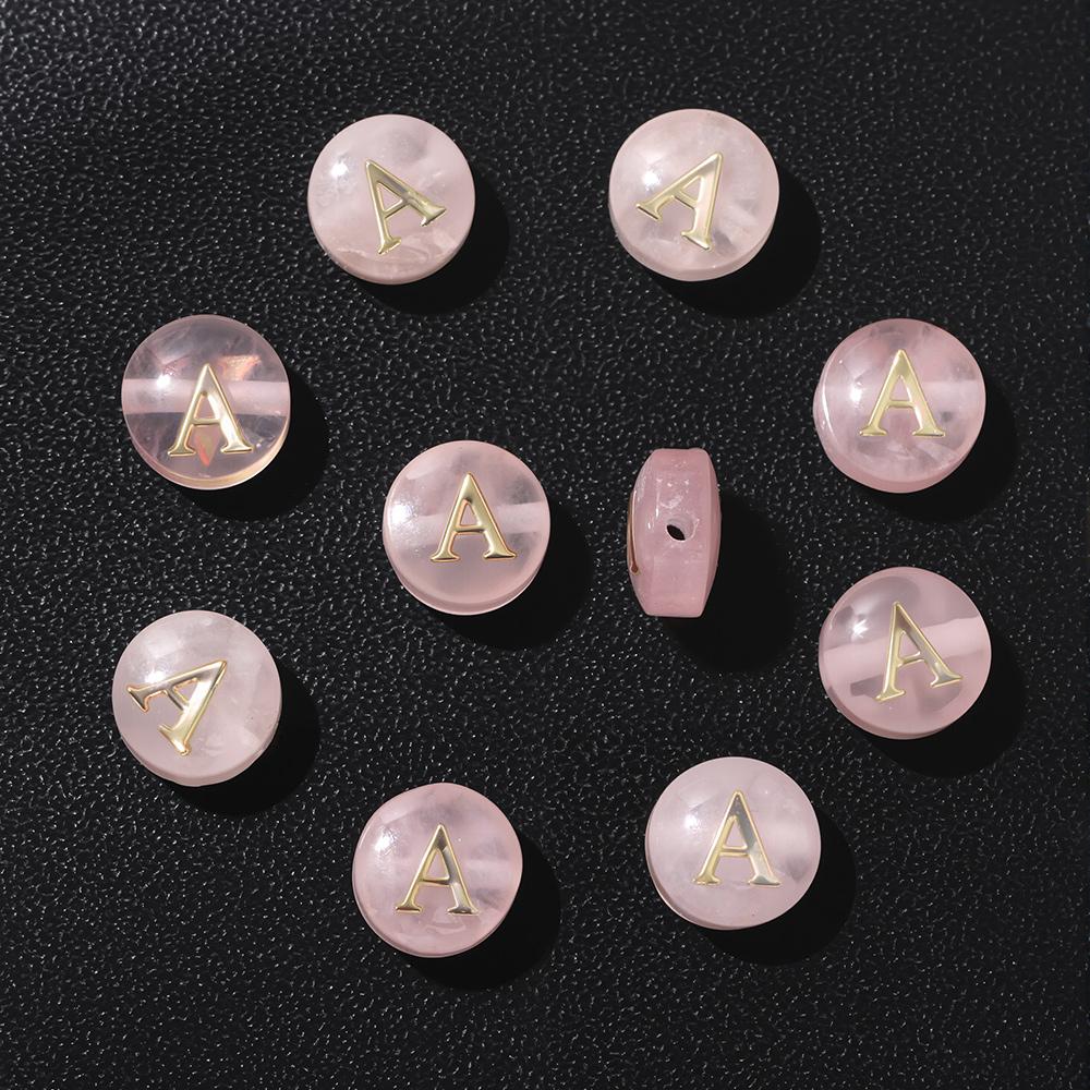 5pcs Cross hole Natural Rose Pink Quartz Stone Alphabet Bead 8mm Round Charms 26 Letter A-Z Beads For DIY Necklace Bracelet Acce