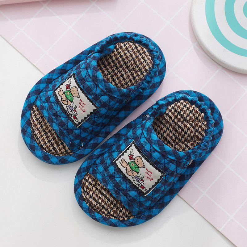 

New Arrival Cute Cartoon Children Slippers Indoor Home Non-Slip Sound Static Fabric Soft Bottom Baby For Home Toddler Shoes Deep blue rib bottom 22 yards (inside length 16cm)