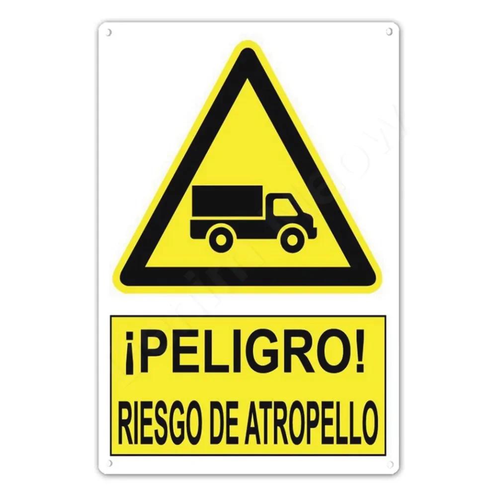 Spanish Warning Sign, Danger Metal Sign for Street, Yard, Bar, Workshop Decor, Yellow Waterproof Caution Signs, Outdoor Indoo