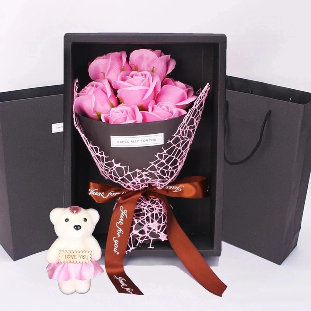 1 Stück Handgefertigter 7 Rosen Seifenstrauß Geschenkbox Kleiner Bär Kreativer Valentinstag Muttertag Geburtstagsfeier Rosengeschenke