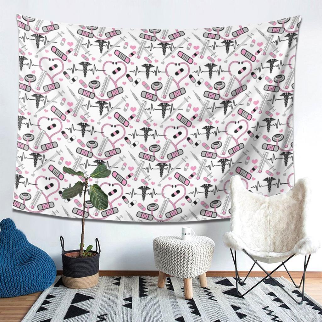 Cute Stethoscope Nurse Doctor EKG Pattern Tapestry Decor Art Aesthetic Tapestries for Living Room Home Wall Cloth Wall Hanging