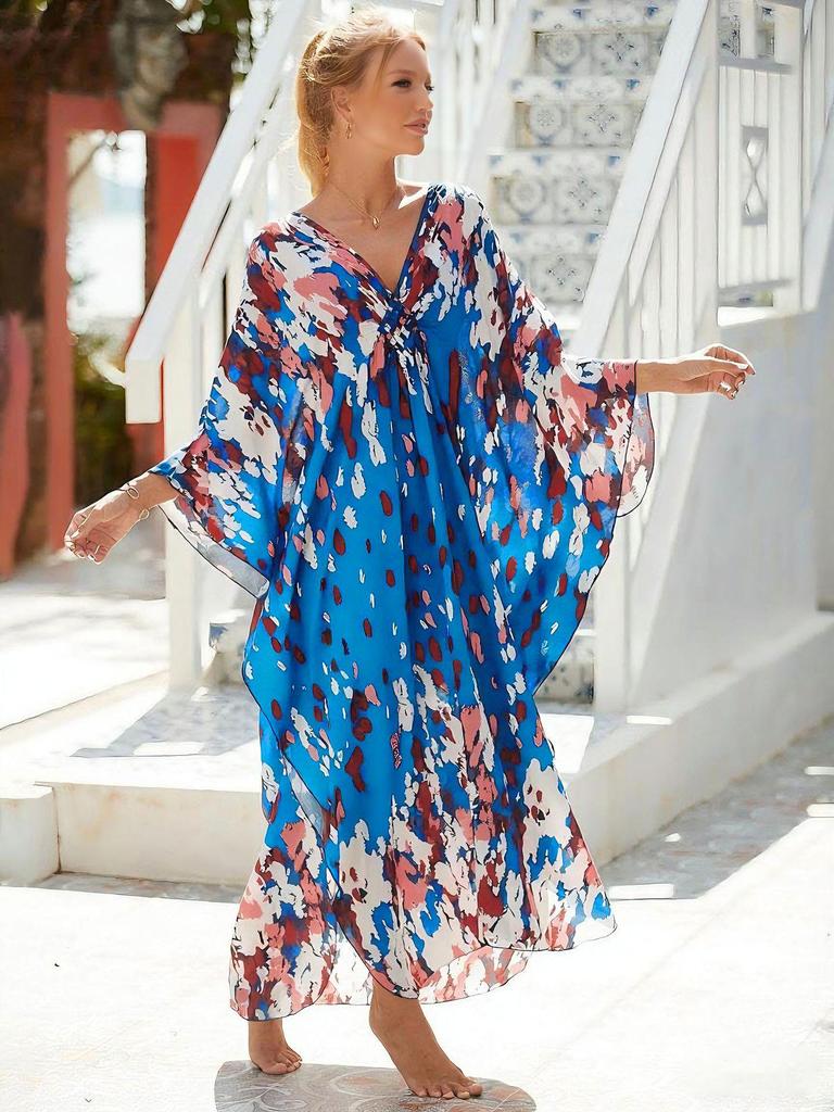 Evropské a americké viskózové potiskové plážové zakrývací šaty - Dlouhé, volné kimono k bikinám a plavkám pro ženy