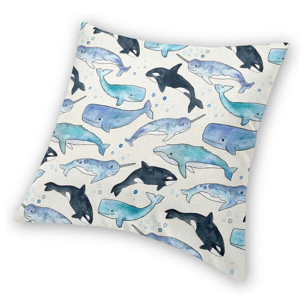 Whales Orcas & Narwhals Square Pillowcase Polyester Linen Velvet Creative Zip Decorative Pillow Case Room Cushion Cover