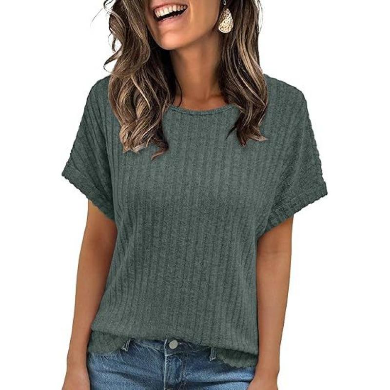European and American summer new solid color loose round neck short sleeves, casual and comfortable T-shirt women's top