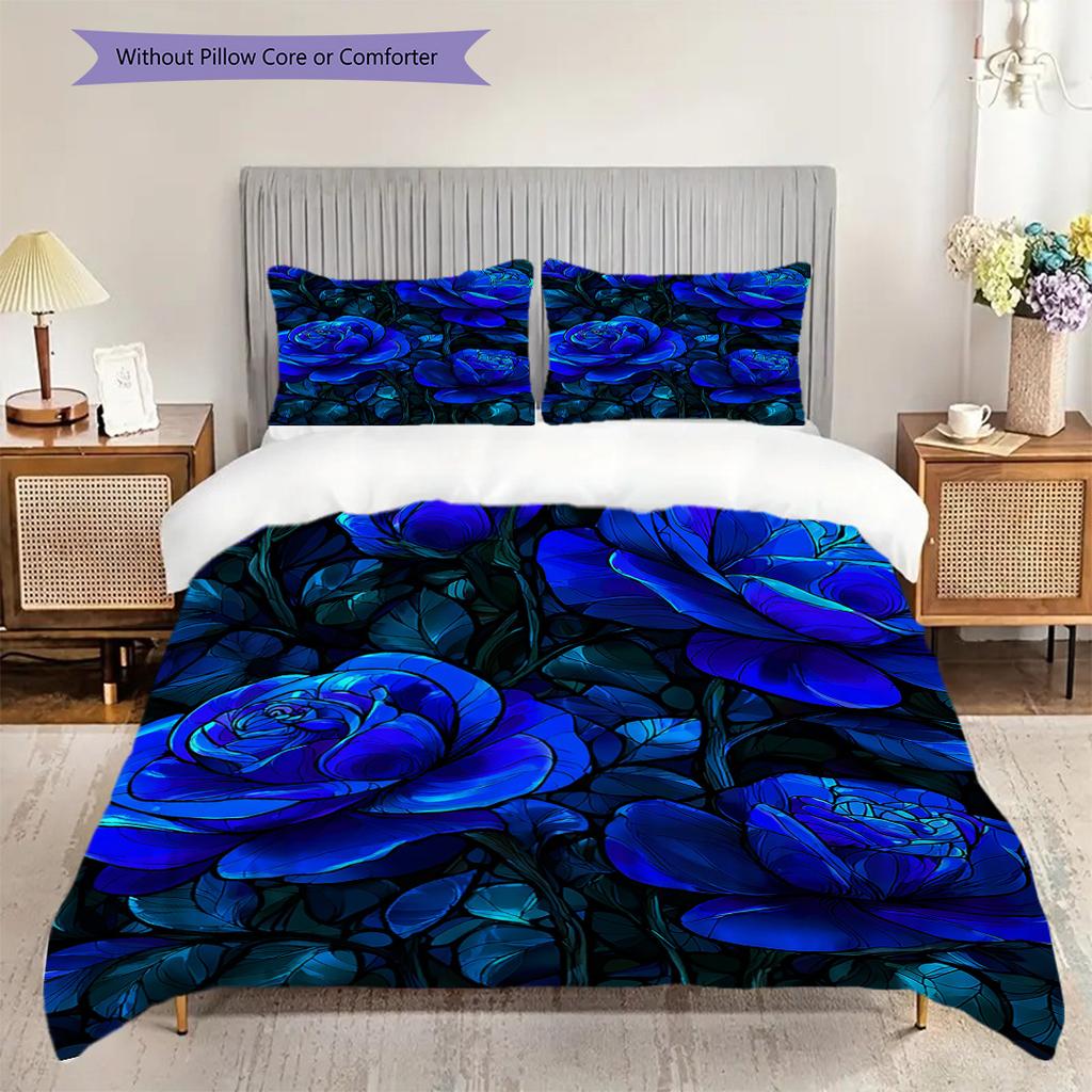 Blue Rose Pattern Bedding Quilt Set Quilt Cover Pillowcase Home Decoration Birthday Gift (1 * Duvet Cover + 2 * Pillowcase, Without Core)
