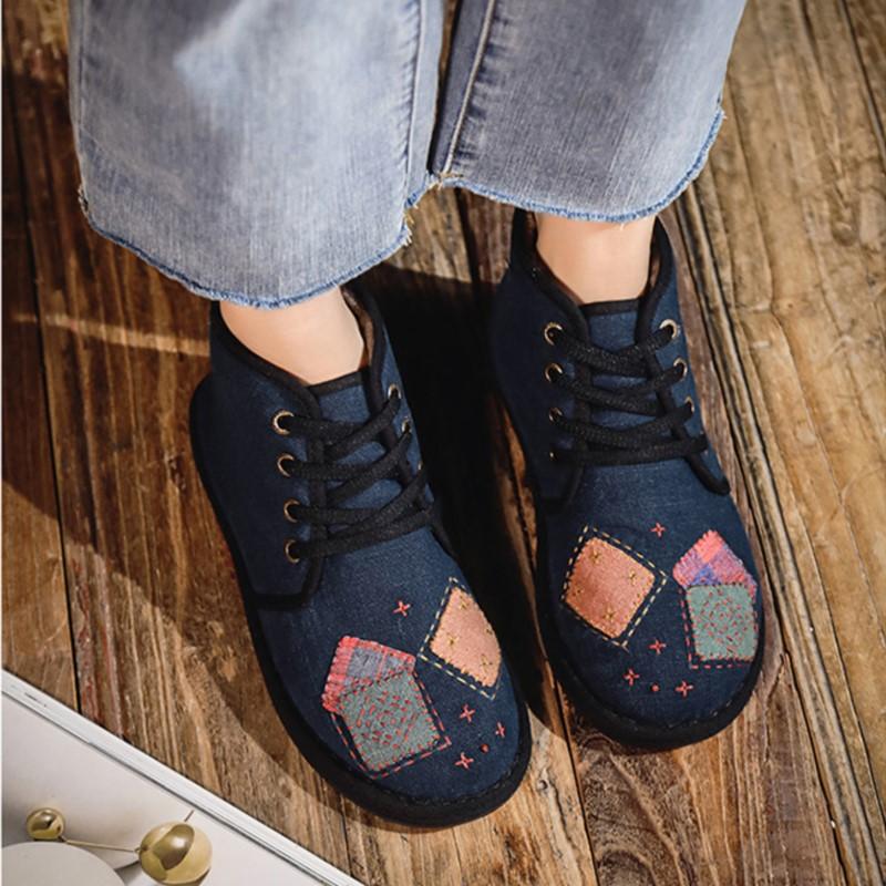 Johnature Plush Warm Cotton Shoes Handmade Embroidered Soft Sole Cloth Shoes Retro Women's Short Boots