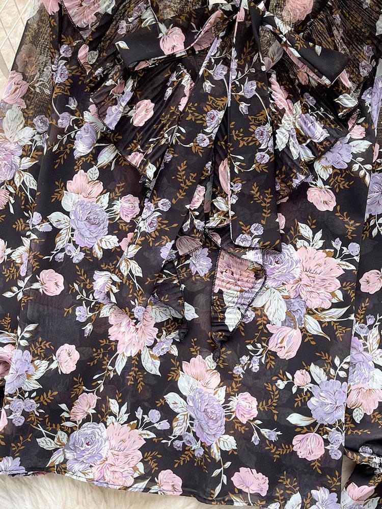 Damen Frühlingsbluse Elegantes Hemd mit Schleifenkragen Patchwork Plissierter Rüschenrand Slim Fit Oberteile Französischer Stil Puffärmel Lässige Bluse