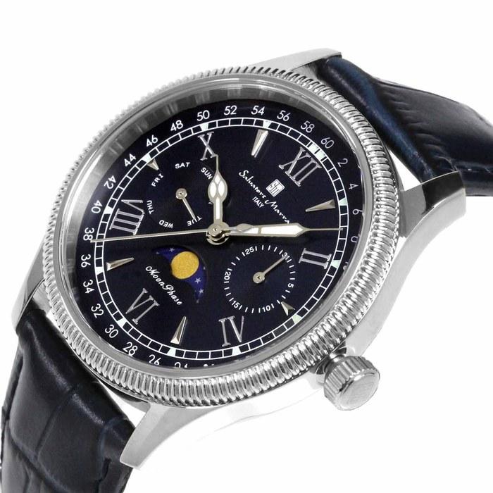 [Salvatore Marra] Watch Moonphase Multi-Calendar 5 ATM Water Resistance Business Formal Men's Leather Belt Limited Edition Silver Blue