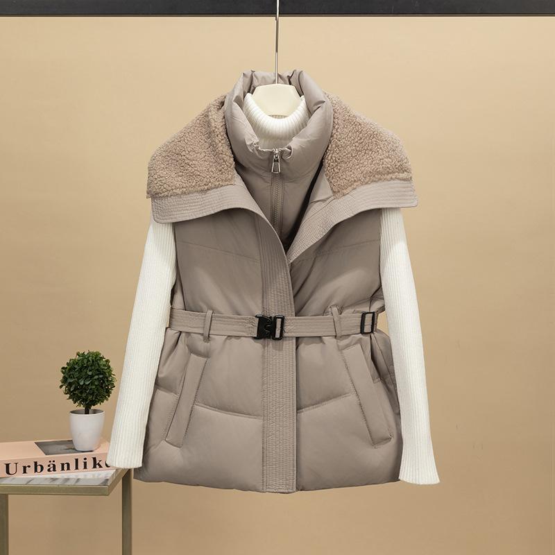 European and American new women's clothing lamb wool lapel collar belt cotton clothes vest fashion stand-up collar temperament commuter jacket