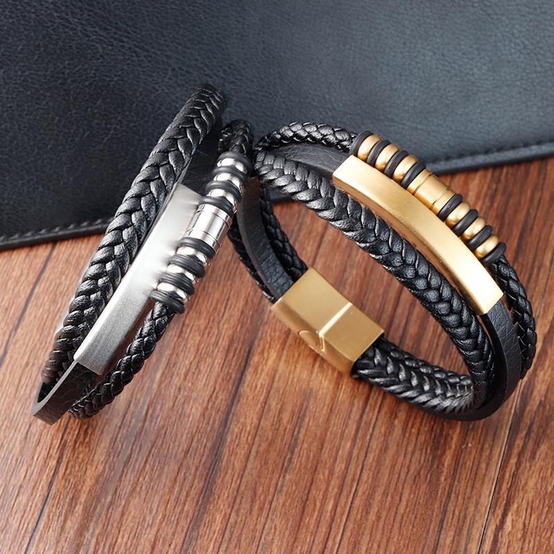 Stainless Steel Leather Bracelet Hand Woven Classic Fashion Multi Layer Jewelry New Style Trendy Accessory