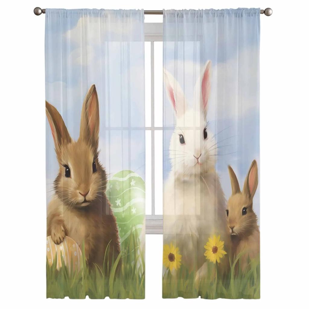 Easter Egg Bunny Daisy Sheer Curtains For Living Room Kitchen Window Curtains Bedroom Tulle Voile Curtains