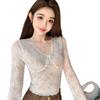 Lace Sexy V-neck Women's Long Sleeve T-shirt with Chest Pads